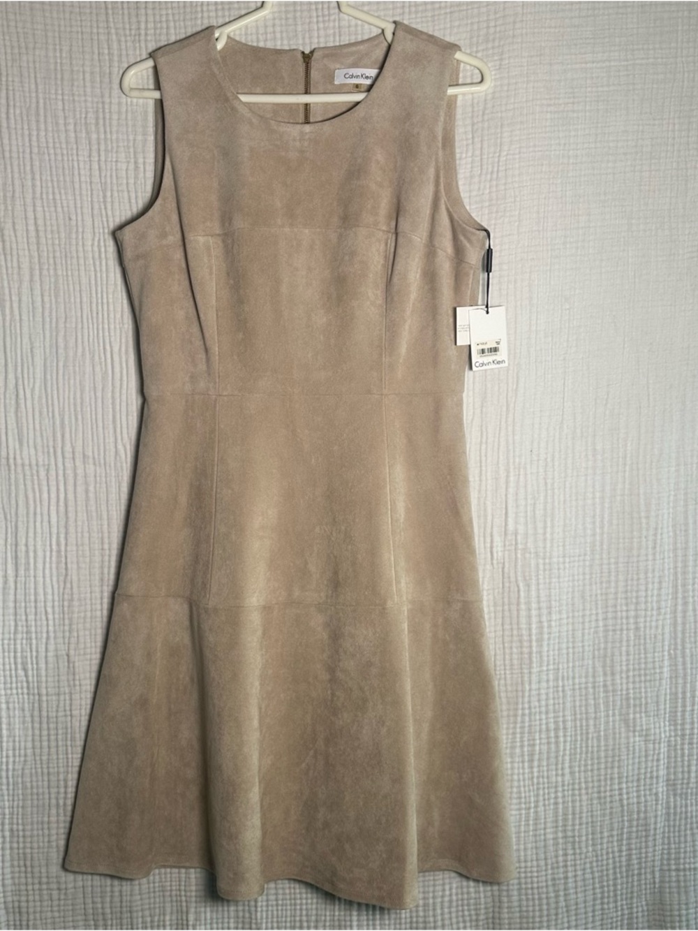 Calvin Klein Women's Dress-6-NWT-Beige Faux Suede-Sleeveless-Classic-Polished
